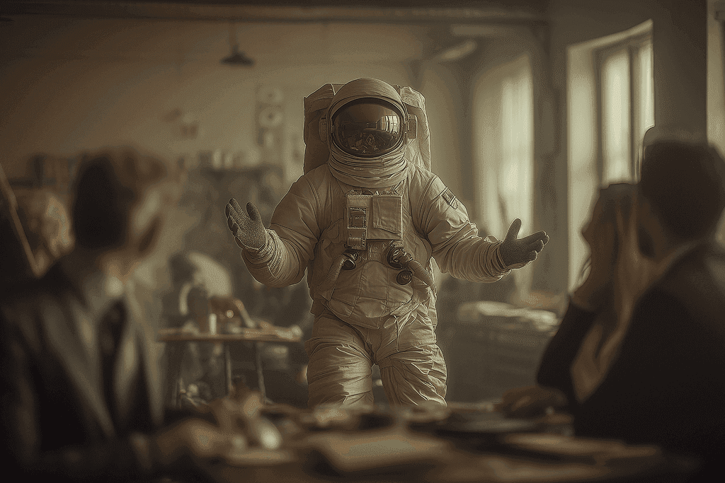 An astronaut in a full suit stands in a meeting room, gesturing with open hands to seated people.