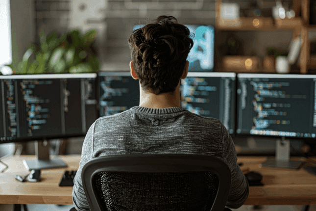 Programmer coding on three computer monitors displaying lines of code in a modern office.