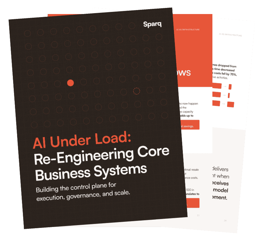 A report cover titled 'AI Under Load: Re-Engineering Core Business Systems' with dark background.