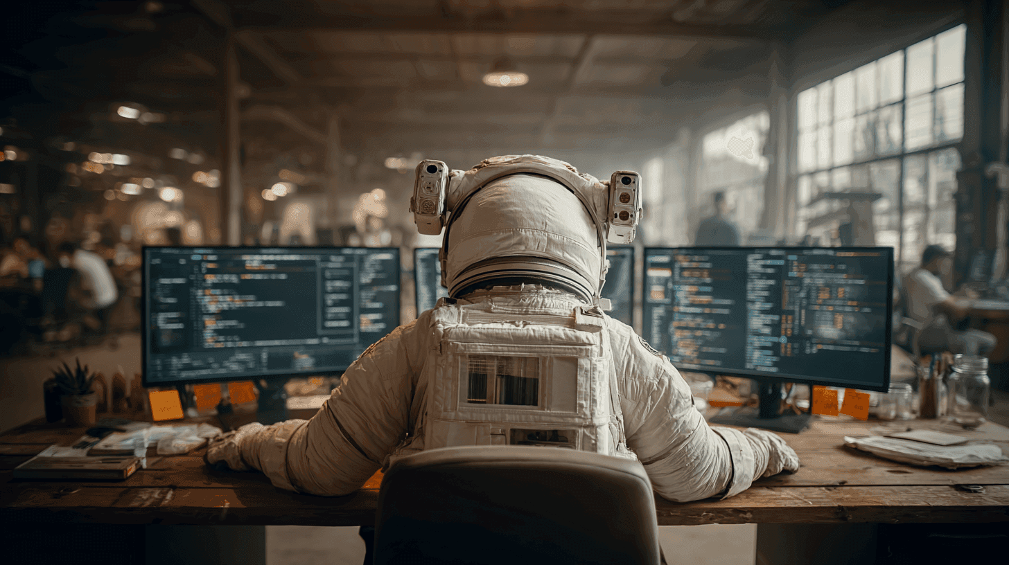 An astronaut in a spacesuit works on two computer monitors displaying lines of code.