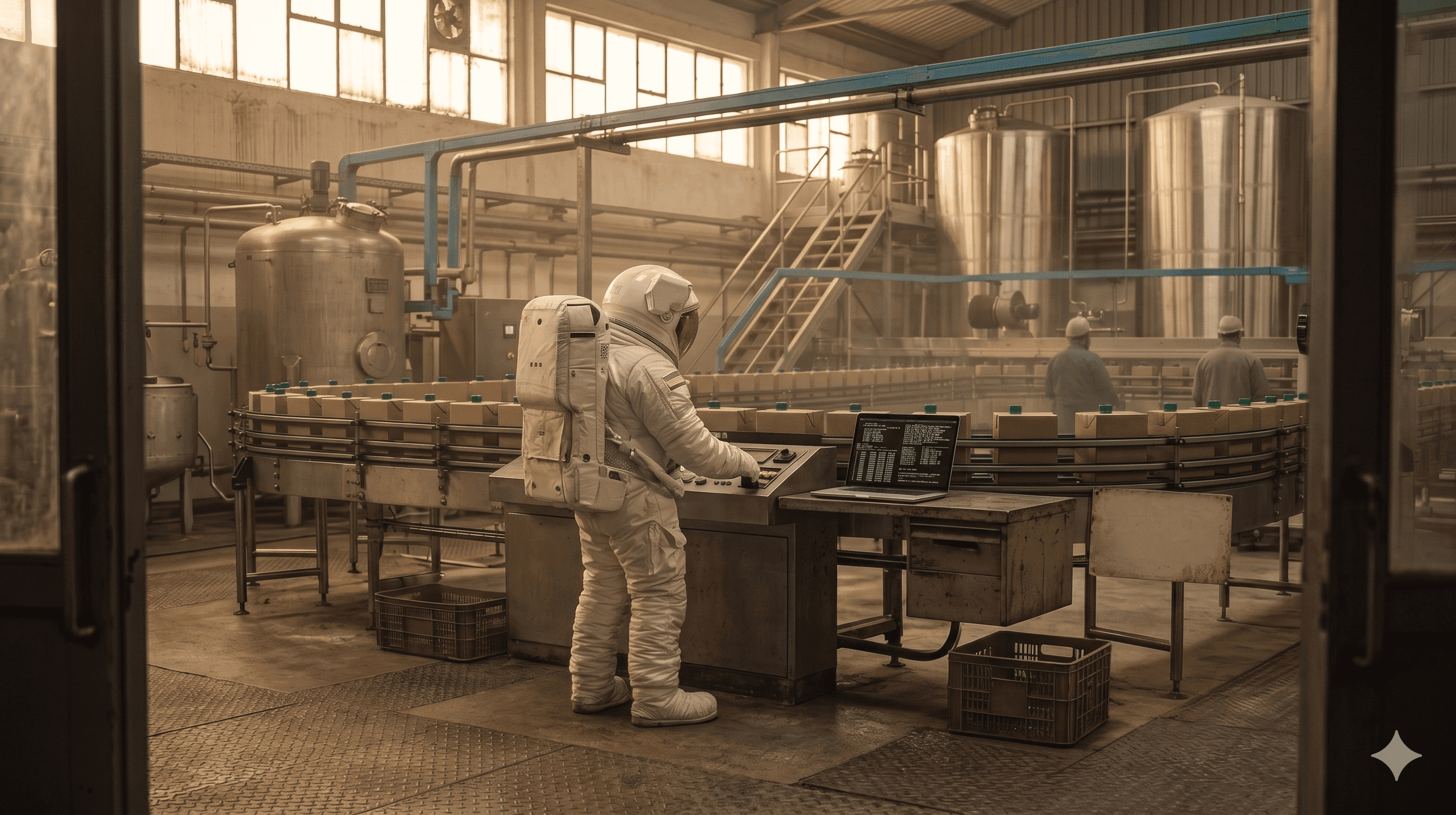 Astronaut operates machinery in a factory with a conveyor belt of packages.