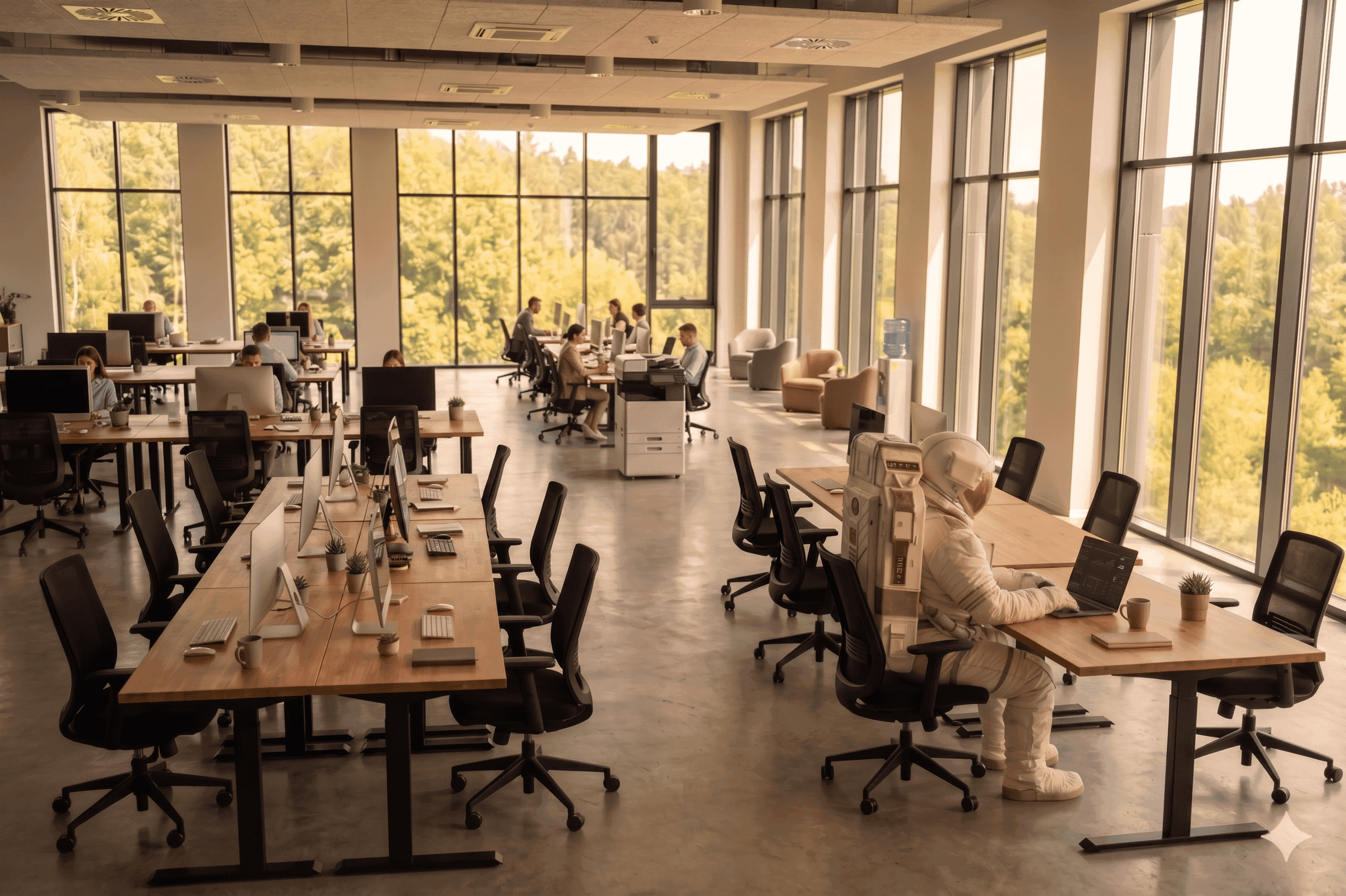 Astronaut works on laptop in modern open office with windows and green trees.