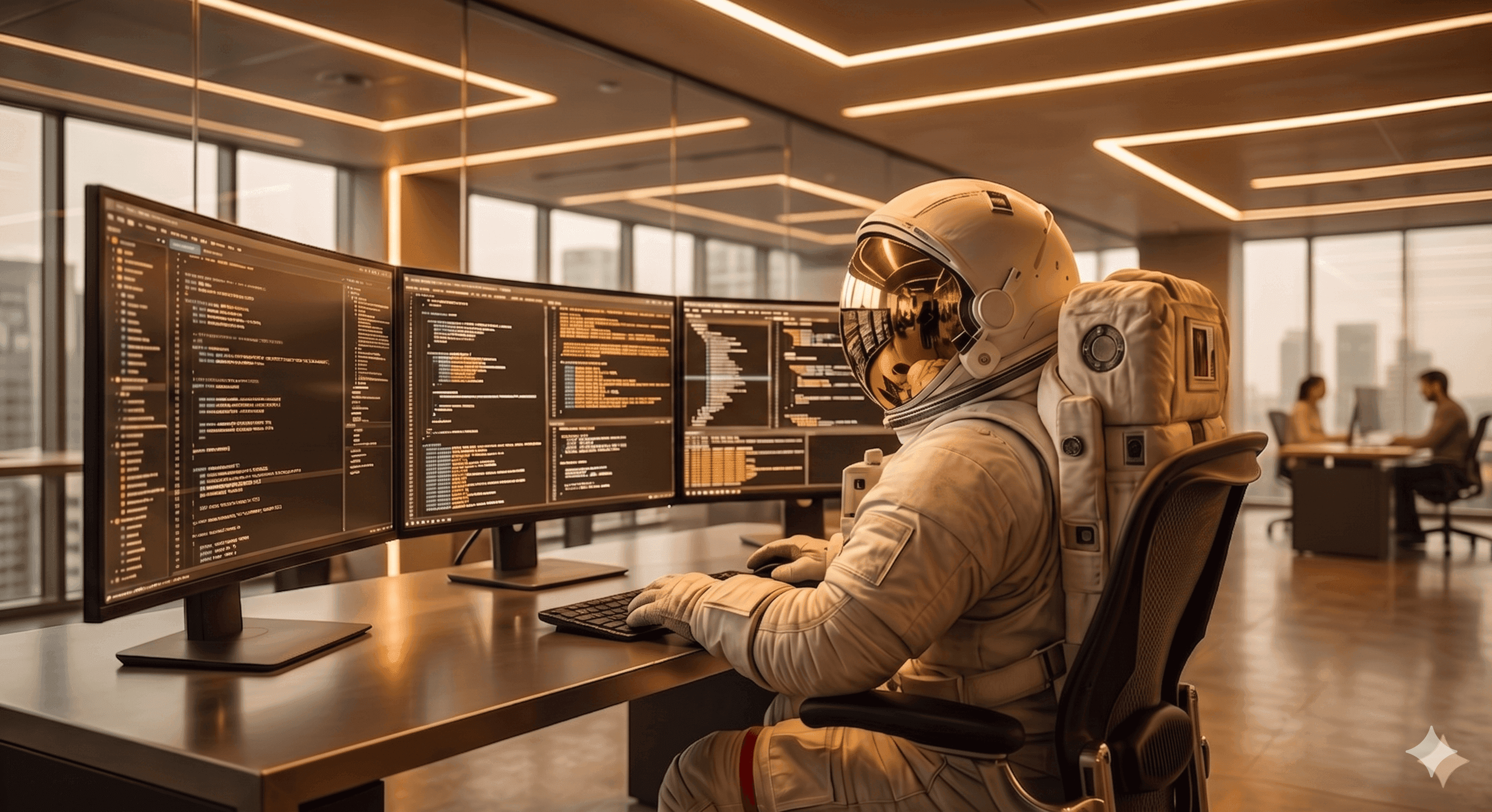 Astronaut in a spacesuit coding on multiple monitors at a desk in a modern office.