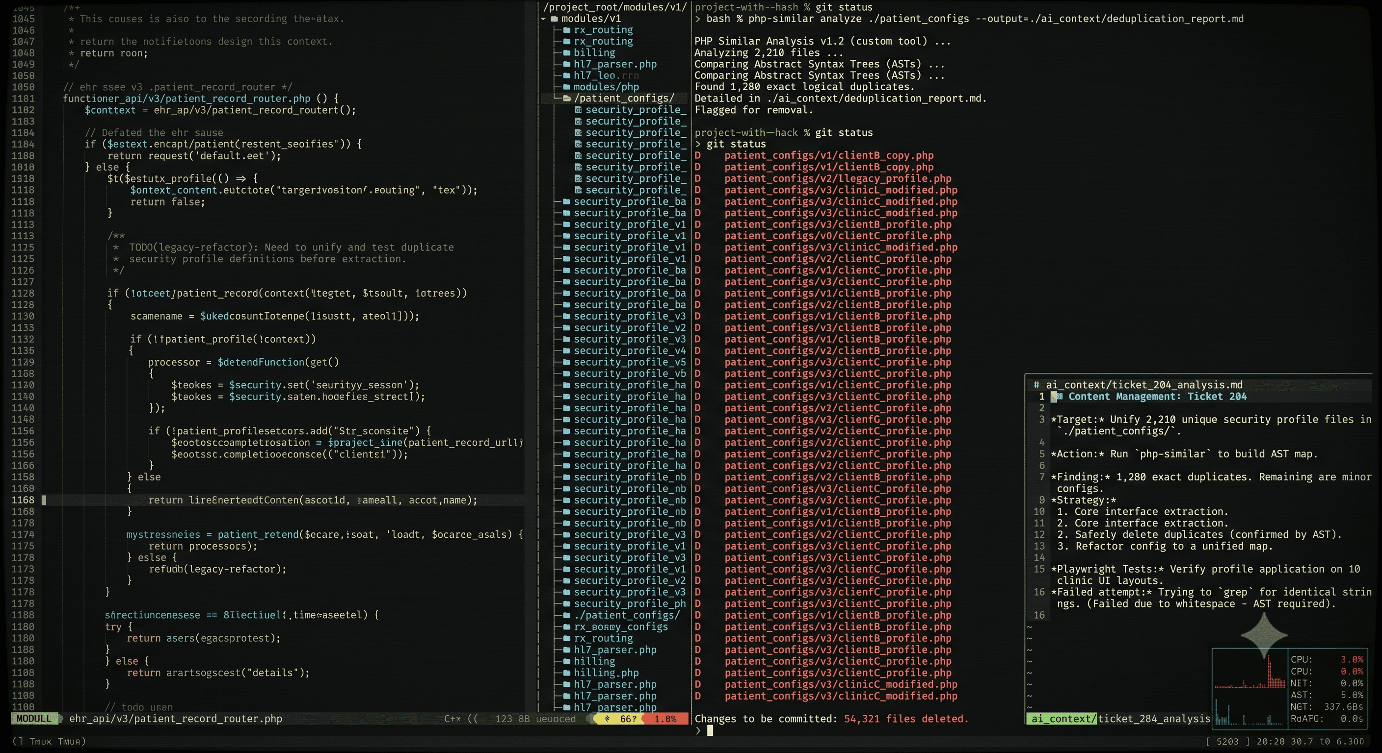Dark computer screen shows code editor, debugging logs, and a terminal interface.