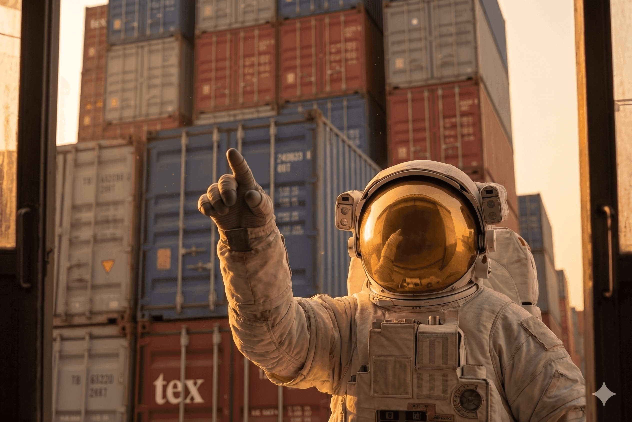 Astronaut points upwards at numerous colorful shipping containers during golden hour.