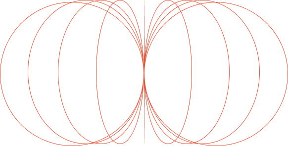 Abstract red and orange symmetrical line drawing on a black background, resembling magnetic field lines.