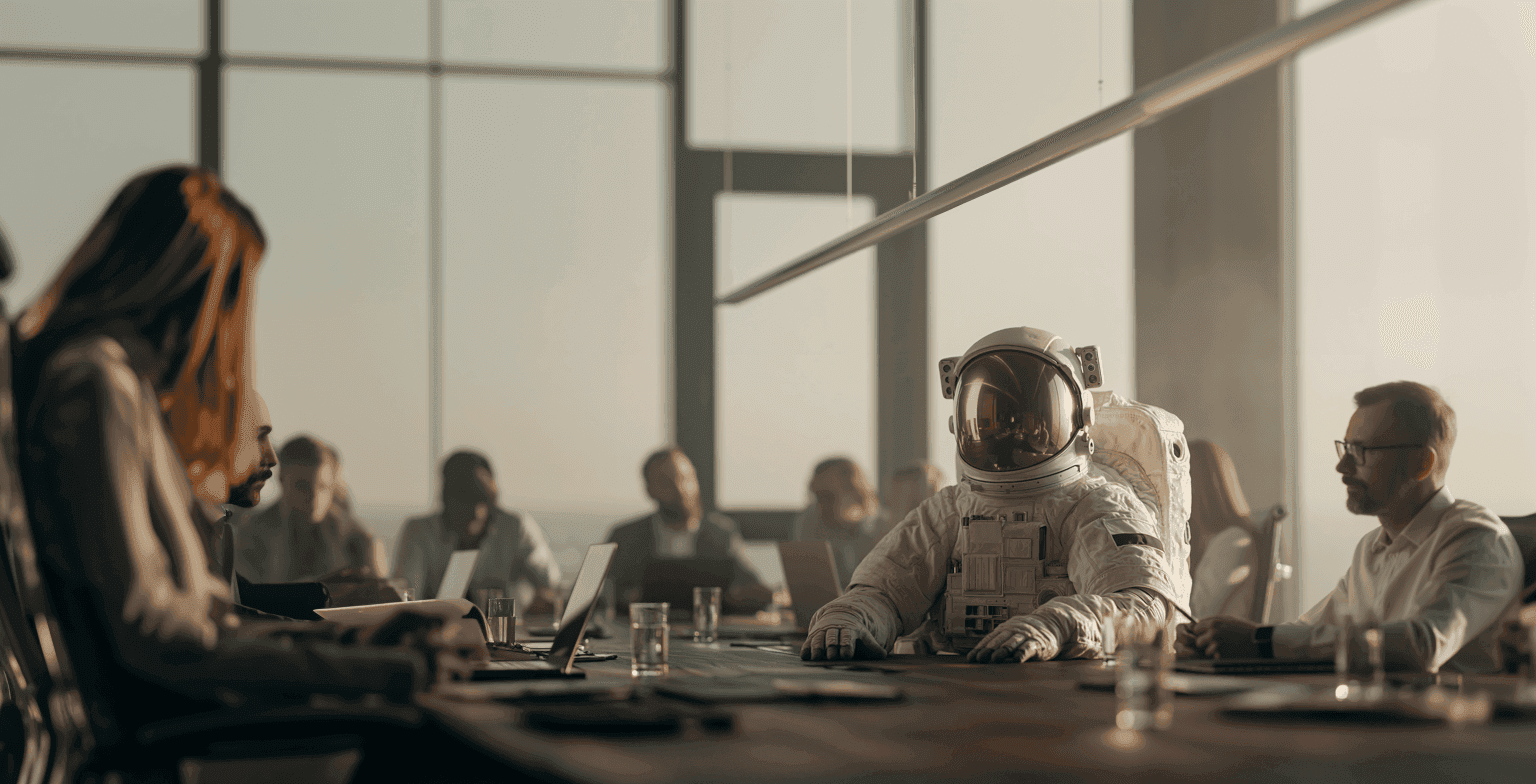 Astronaut sits at a long conference table with business people in a modern office.