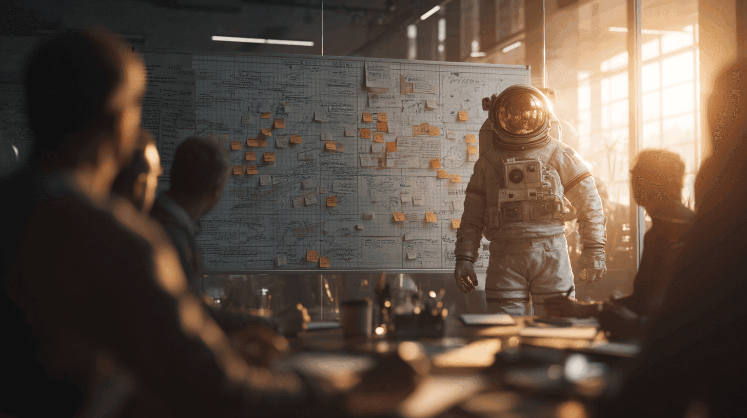 Astronaut presenting to business people at a meeting in front of a whiteboard with sticky notes.
