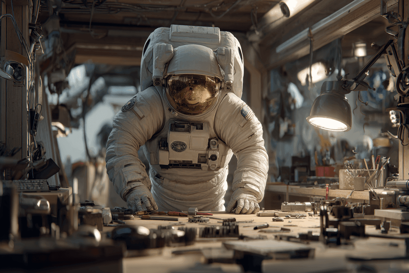 Astronaut in a space suit leaning over a cluttered workshop workbench with tools and parts.