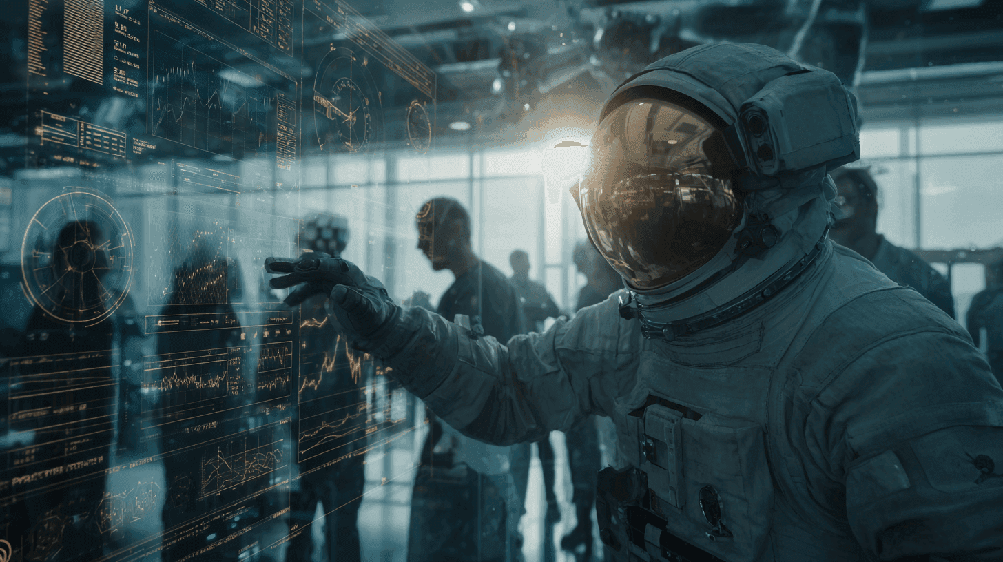 Astronaut in spacesuit interacting with a transparent digital display showing data.