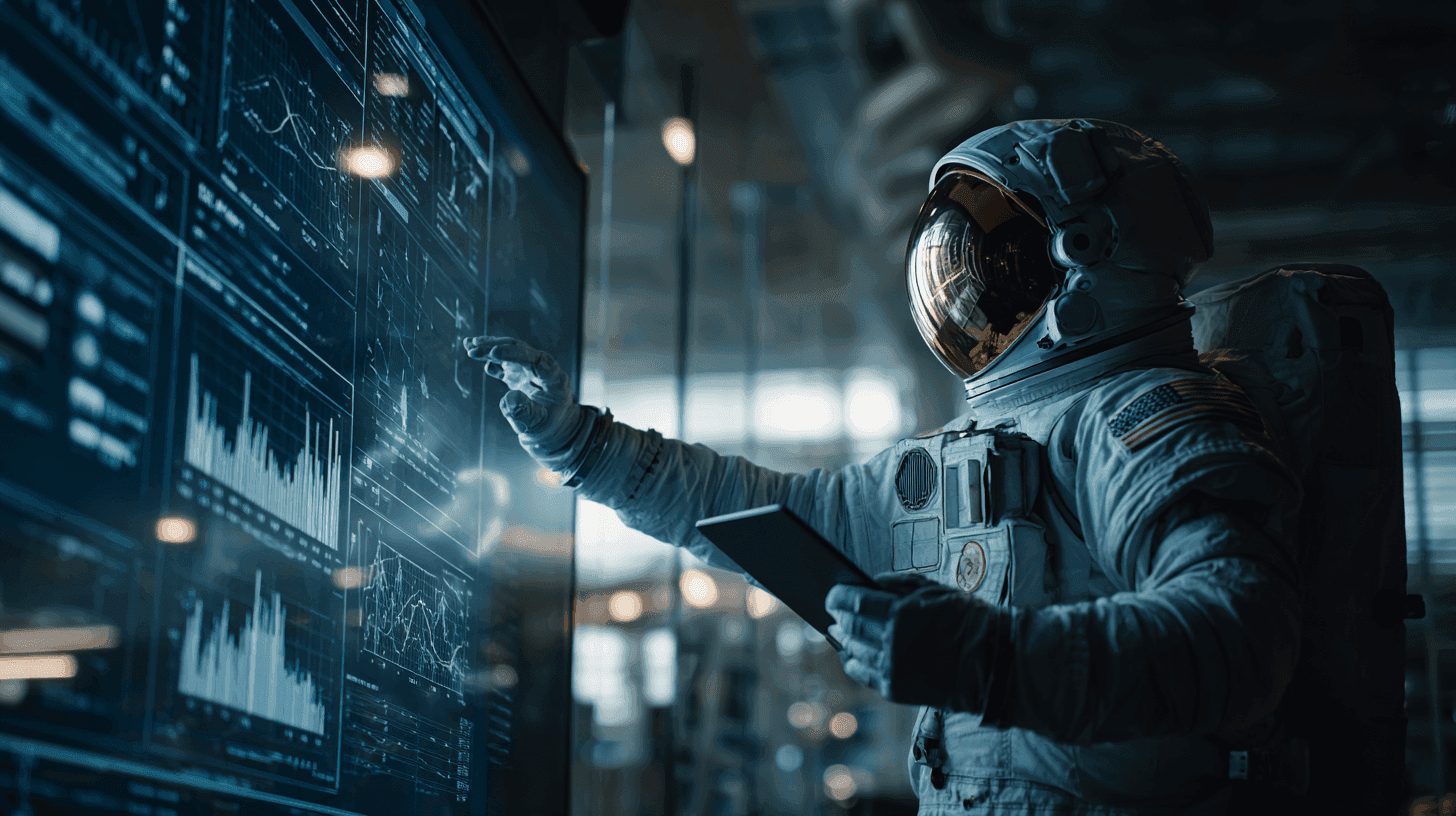 Astronaut in spacesuit interacts with large transparent digital screen displaying data visualizations.