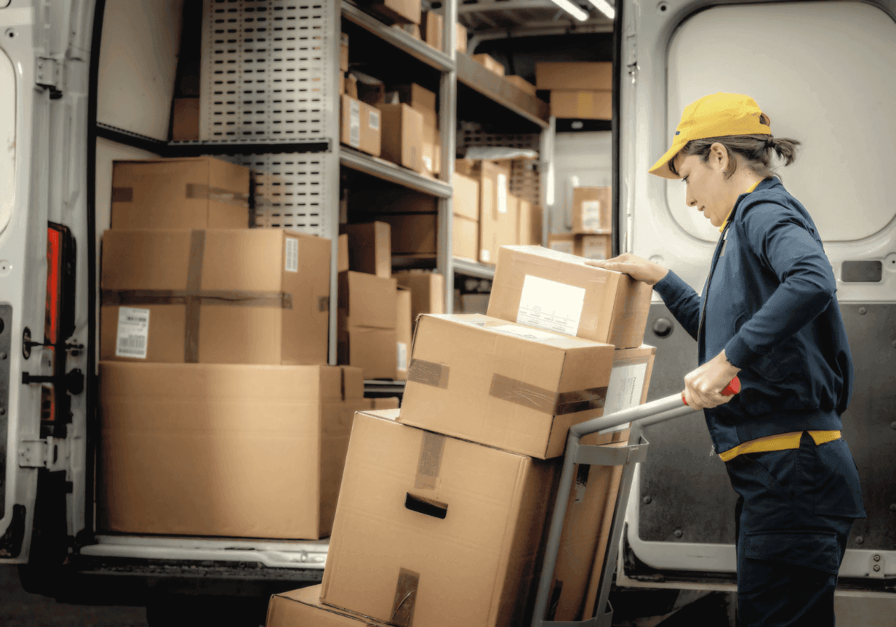 A delivery worker loads cardboard boxes using a hand truck from a truck.