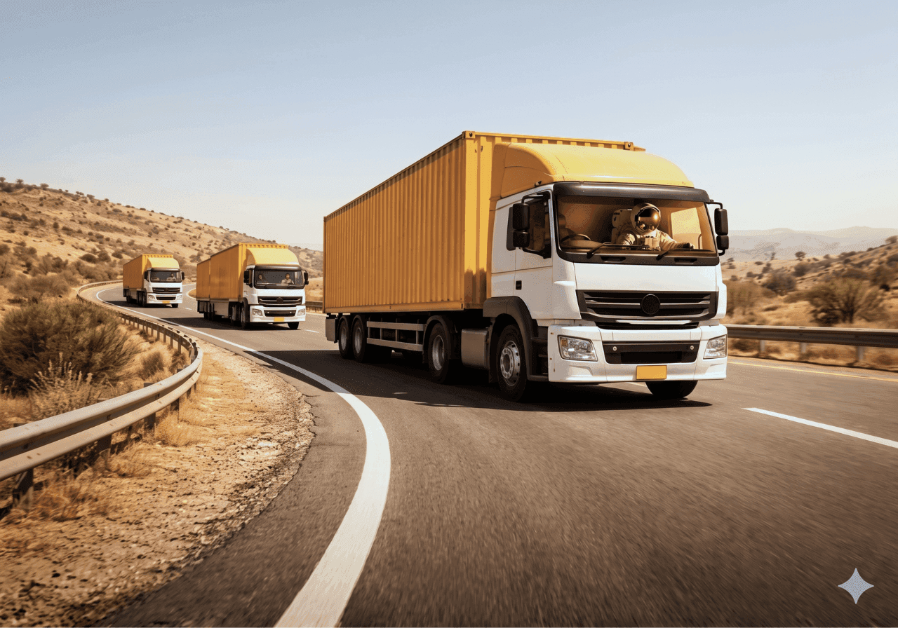 Three white semi-trucks with yellow trailers drive on a winding desert road.