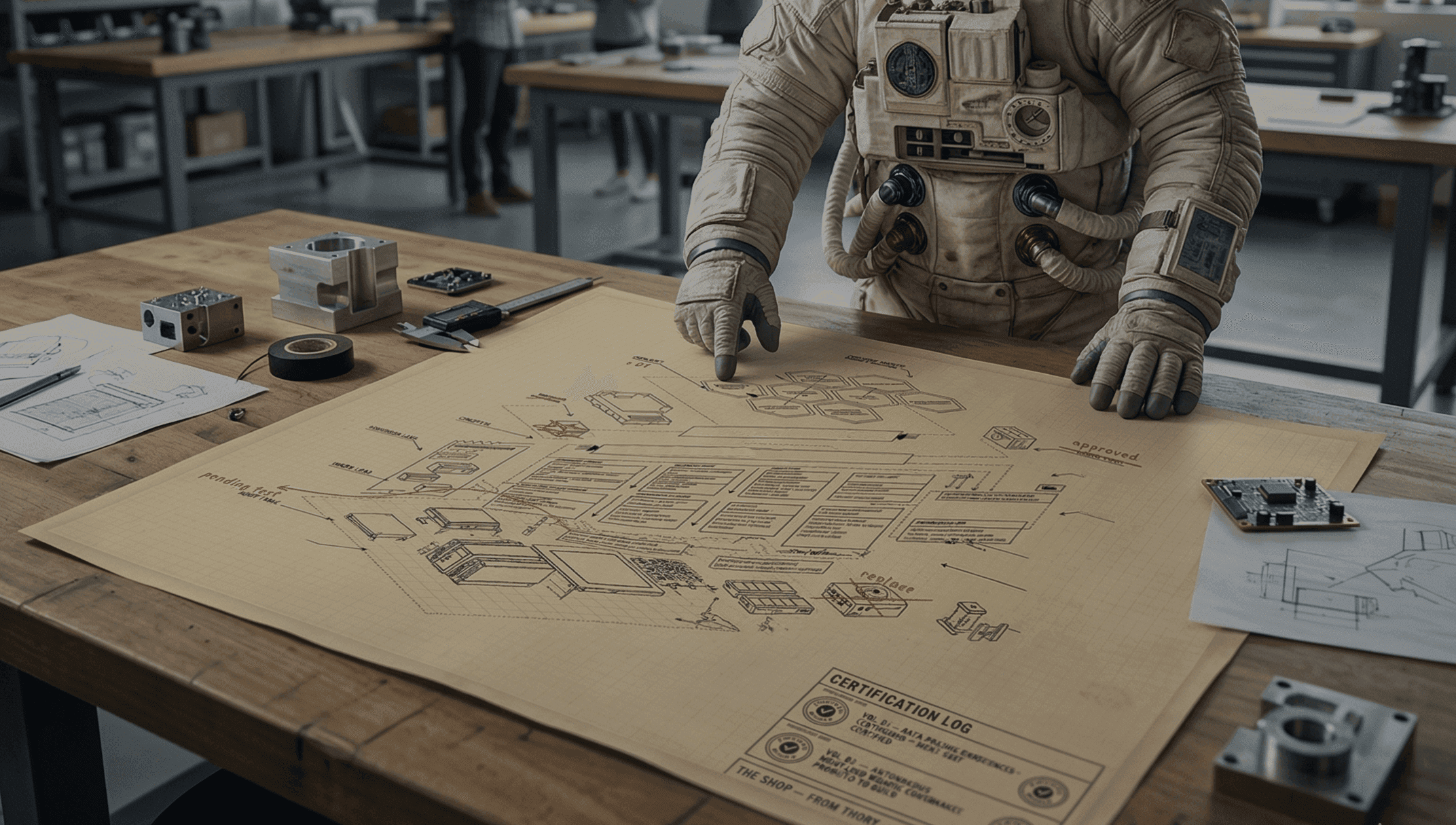 Astronaut in a spacesuit examining detailed engineering blueprints on a workshop table.