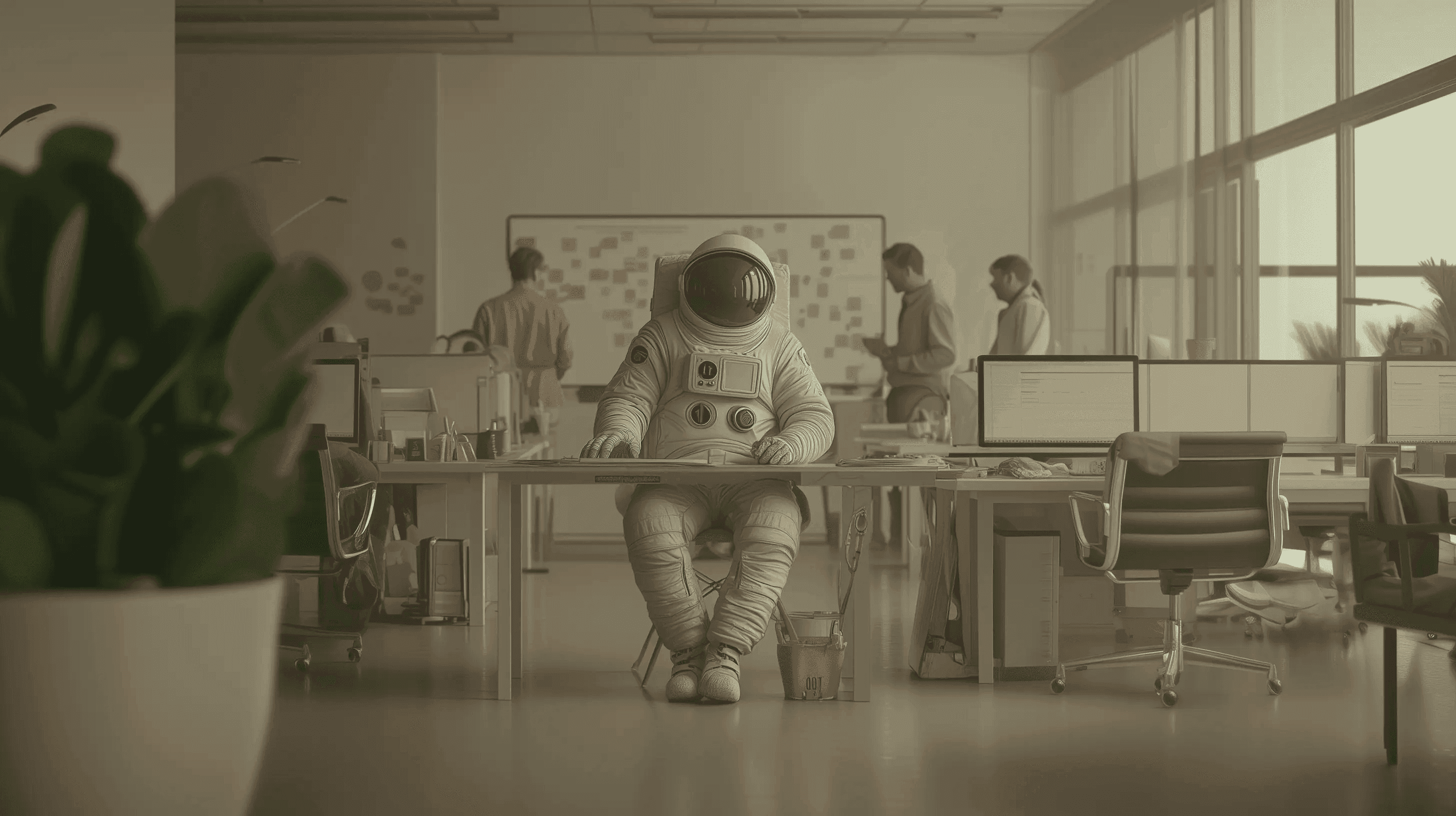An astronaut sits at a desk in a modern office surrounded by colleagues working.