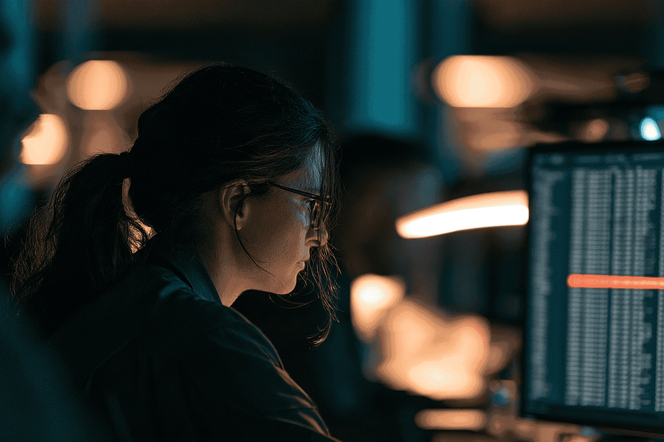 Person with glasses intently working on a computer screen displaying code in a dark room.