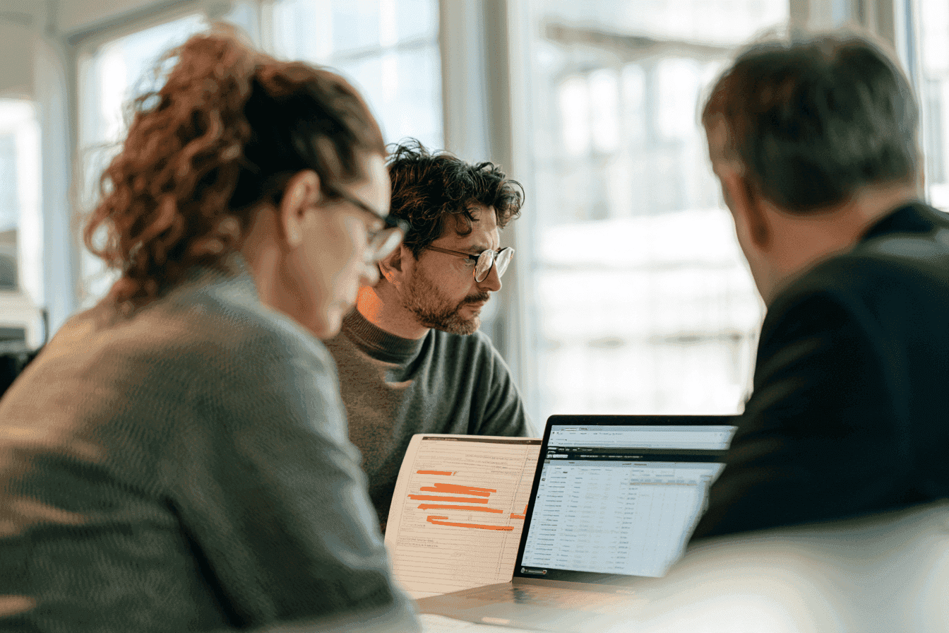 Three colleagues collaborate around a laptop and documents in a bright office.