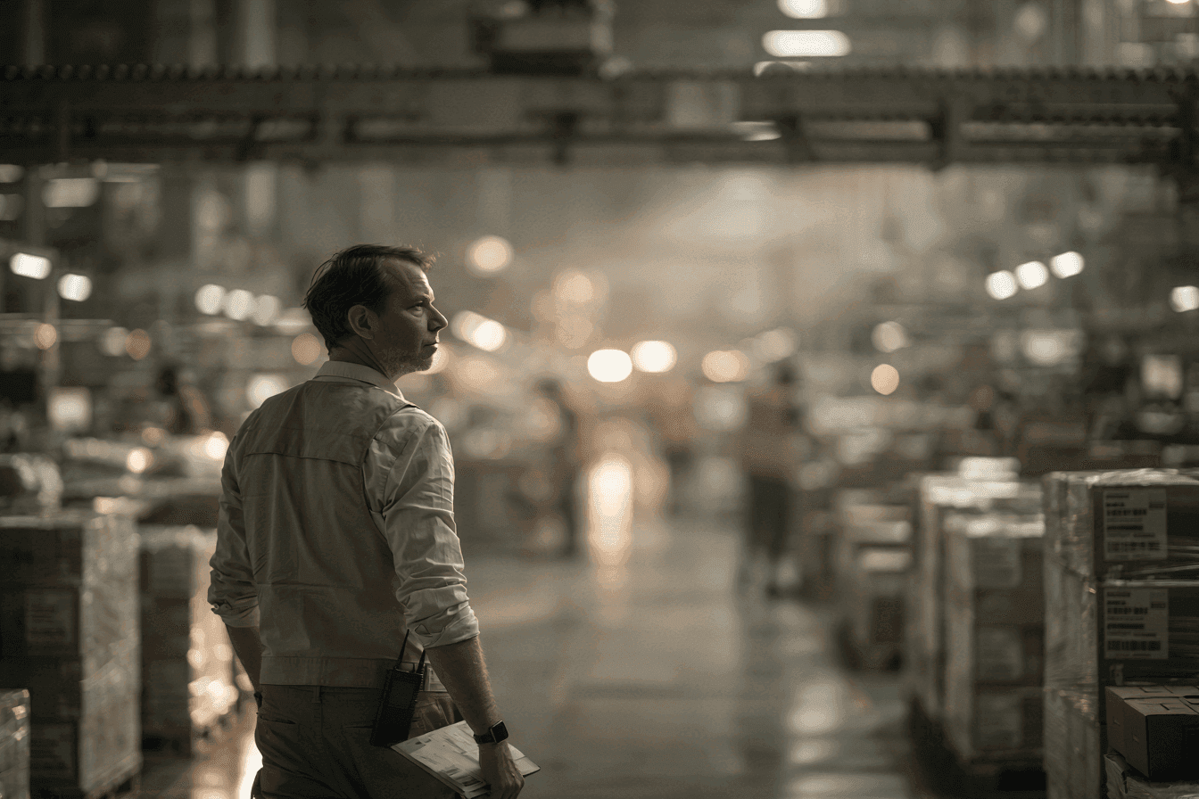 Man surveys vast warehouse filled with stacked boxes, workers in the background.