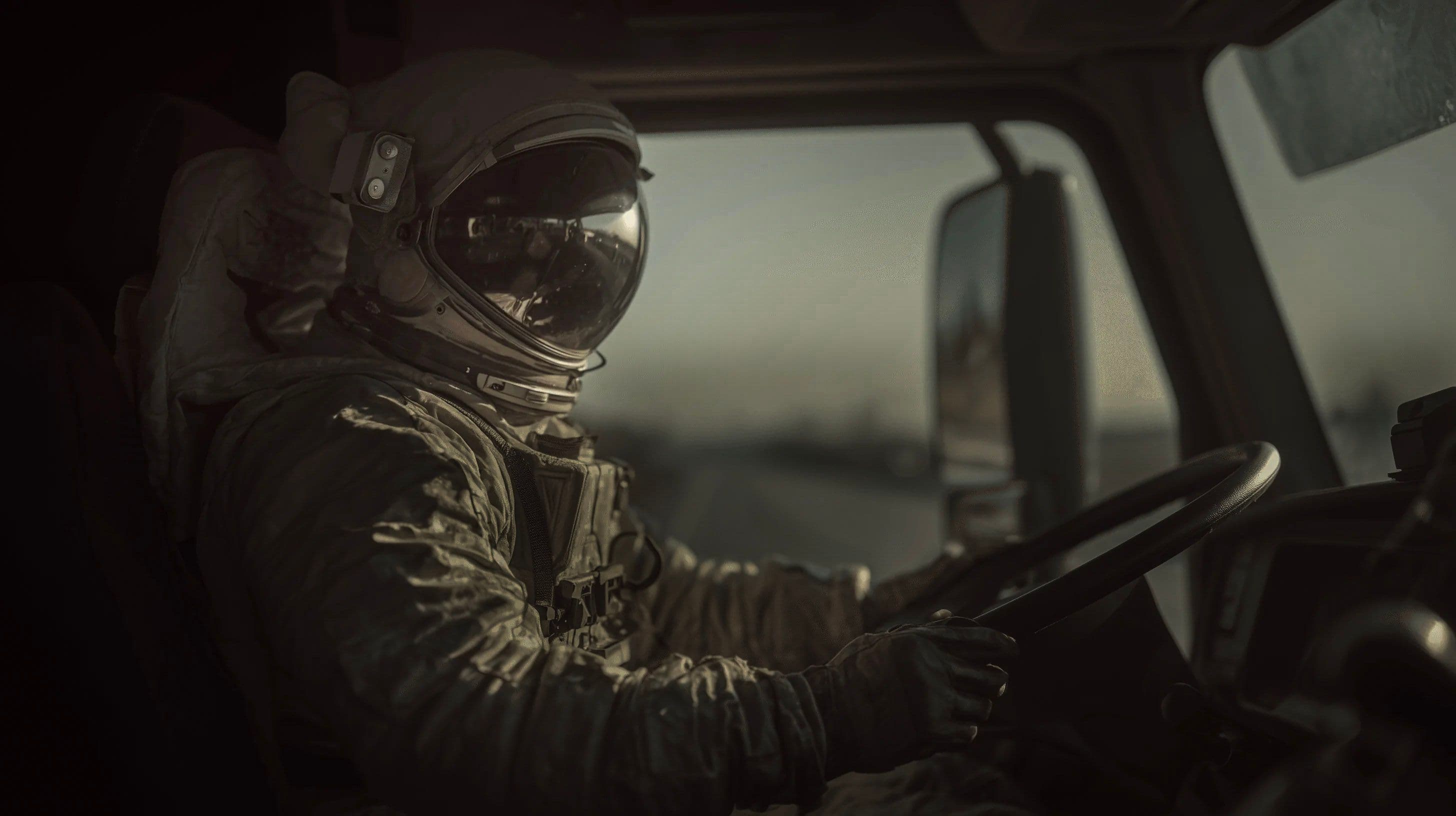 An astronaut in a spacesuit drives a truck, looking forward with a determined expression.