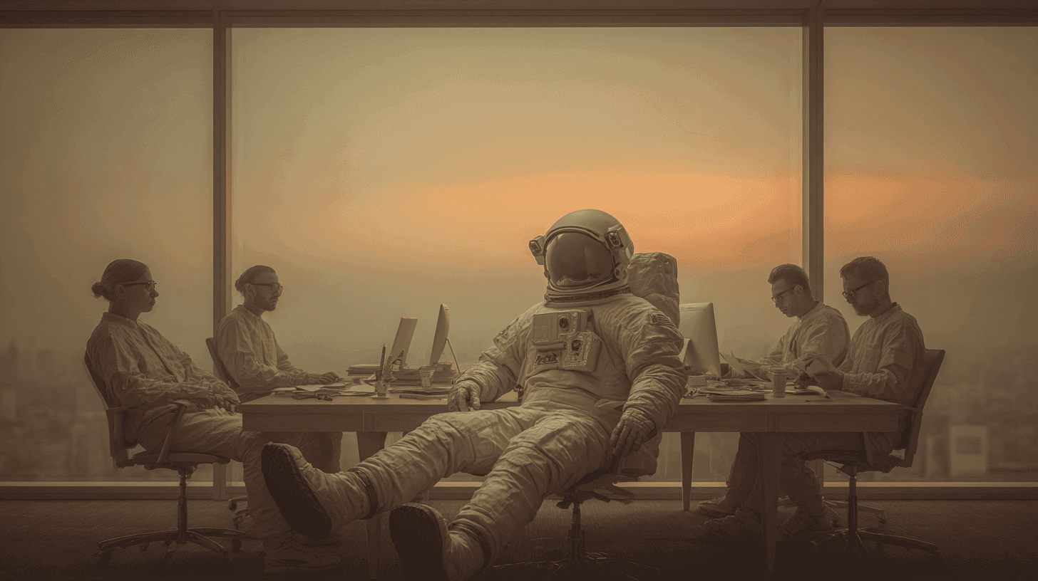 Astronaut sits at a conference table with colleagues overlooking a city during sunset.