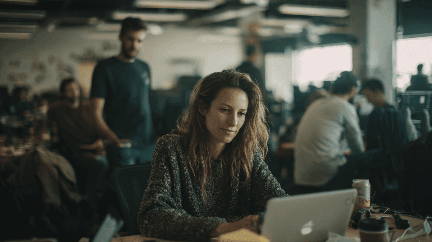 Woman in a grey sweater works on a laptop in a bustling open-plan office.